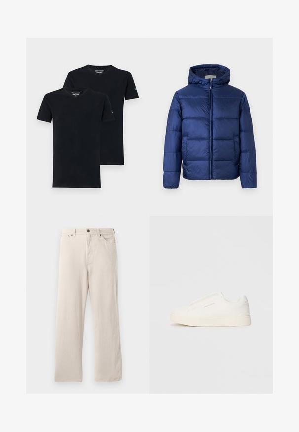 Giubbotto imbottito blu navy con cappuccio, caratterizzato da sezioni trapuntate, una zip frontale e polsini elasticizzati per calore e comfort.; Due magliette di cotone nere a maniche corte con scollatura a V, dotate di un'etichetta sul colletto e di un piccolo logo sulla manica.; Pantaloni in corduroy beige con taglio dritto, caratterizzati da una trama a coste, design a cinque tasche e chiusura con bottone.; Sneakers bianchi slip-on con superficie texturizzata, suola spessa e design minimalista. Presentano il logo del marchio sul lato.