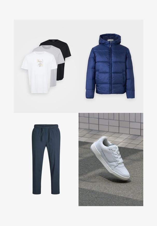 Tumši zila pūkainā jaka ar kapuci, ar quilted daļām, priekšējo rāvējslēdzēju un elastīgām piedurknēm siltumam un komfortam.; Trīs īsām piedurknēm T-krekli baltā, gaiši pelēkā un melnā krāsā. Baltajam krekla ir minimālistisks grafiskais dizains. Mīksts kokvilnas audums.; Jūras spēku sporta bikses, izgatavotas no mīksta auduma, ar elastīgu jostu, regulējamu auklu un aizsietiem kājiem.; Baltas ādas sporta apavi ar perforētiem sāniem, teksturētām akcentiem, plakanu šņorēšanu un kontrastējošu pelēku papēdi. Iezīmē nedaudz paaugstinātu zole.