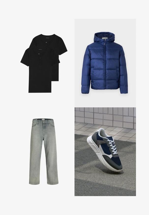 Granatowa kurtka puchowa z kapturem, z pikowanymi sekcjami, przednim zamkiem błyskawicznym i elastycznymi mankietami dla zapewnienia ciepła i komfortu.; Czarne bawełniane koszulki z krótkim rękawem, okrągły dekolt z listwą guzikową, o gładkiej fakturze i prostym wzorze. W opakowaniu dwie sztuki.; Jasnoszare, luźne dżinsy wykonane z denimu. Posiadają klasyczny pięcio-kieszeniowy krój, szlufki na pasek oraz prostą nogawkę.; Sneakers z granatową siateczkową cholewką, szarymi zamszowymi akcentami, białą gumową podeszwą i płaskimi białymi sznurówkami, zaprojektowane z myślą o komforcie i wentylacji.
