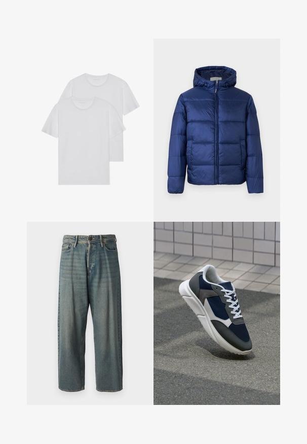 Tume sinine puhvis jope kapuutsiga, millel on tikkimisosa, eesnäpp ja elastsed mansetid sooja ja mugavuse tagamiseks.; Kaks valget puuvillast t-särki ümmarguse kaelusega, lühikeste varrukatega ja pehme tekstuuriga. Mõlemad särgid on ühetoonilised ja ilma nähtavate mustrite või detailideta.; Heledad sinine denim-stiilis teksad, volüümse lõike, keskmise kõrgusega talje ja sirgete säärega. Omab viit taskut, vöökumme ja nööpide sulgemist.; Sneaker, mille sinine võrkkangas, hallid nubukdetailid, valge kummitald ja lamedad valged paelad, disainitud mugavuseks ja hingavuseks.