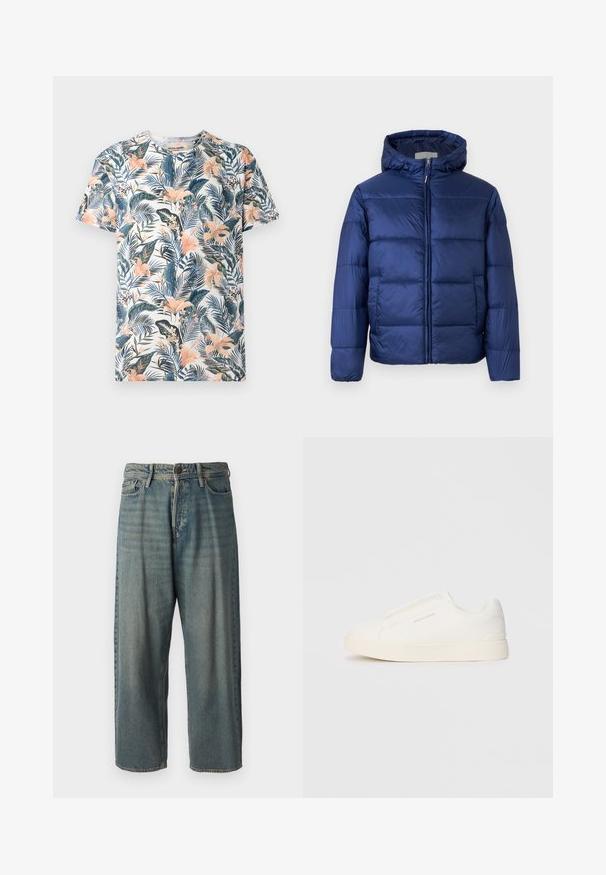 Marineblå puffjakke med hette, som har quiltede seksjoner, frontglidelås og elastiske mansjetter for varme og komfort.; Kortermet t-skjorte laget av stoff med et tropisk blomstermønster i nyanser av grønn, rosa og blå på en hvit bakgrunn.; Lyseblå denimjeans med løs passform, midjehøyde og rette ben. Har fem lommer, beltehemper og knappelukking.; Hvite slip-on joggesko med teksturert overflate, tykk såle og minimalistisk design. Har merkevarelogo på siden.