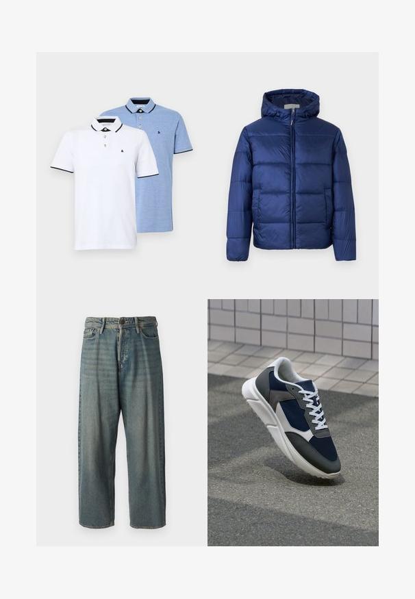 Tumši zila pūkainā jaka ar kapuci, ar quilted daļām, priekšējo rāvējslēdzēju un elastīgām piedurknēm siltumam un komfortam.; Divi polo krekli: viens balts ar melniem akcentiem, otrs gaiši zils melnā toņkārtā. Katram ir apkakle un divu pogu aizdare ar logo.; Gaiši zili džinsi ar brīvu piegriezumu, vidējo jostas augstumu un taisnām kājām. Satur piecas kabatas, jostas cilpas un pogu aizdari.; Sporta apavi ar tumši zilas krāsas tīkla augšdaļu, pelēku zamšādas akcentiem, baltu gumijas zoli un plakaniem baltiem šņorēm, kas izstrādāti komfortam un elpojamībai.