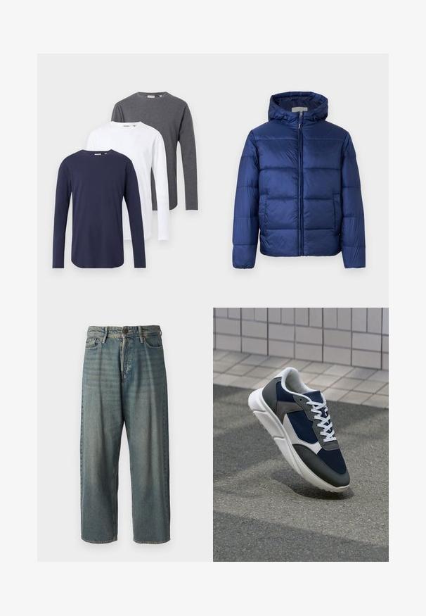 Tume sinine puhvis jope kapuutsiga, millel on tikkimisosa, eesnäpp ja elastsed mansetid sooja ja mugavuse tagamiseks.; Kolm pika varrukaga T-särki, mis on sinised, valged ja hallid. Valmistatud puuvillast, ümmarguste kaelustega ja sirgete ääredega.; Heledad sinine denim-stiilis teksad, volüümse lõike, keskmise kõrgusega talje ja sirgete säärega. Omab viit taskut, vöökumme ja nööpide sulgemist.; Sneaker, mille sinine võrkkangas, hallid nubukdetailid, valge kummitald ja lamedad valged paelad, disainitud mugavuseks ja hingavuseks.