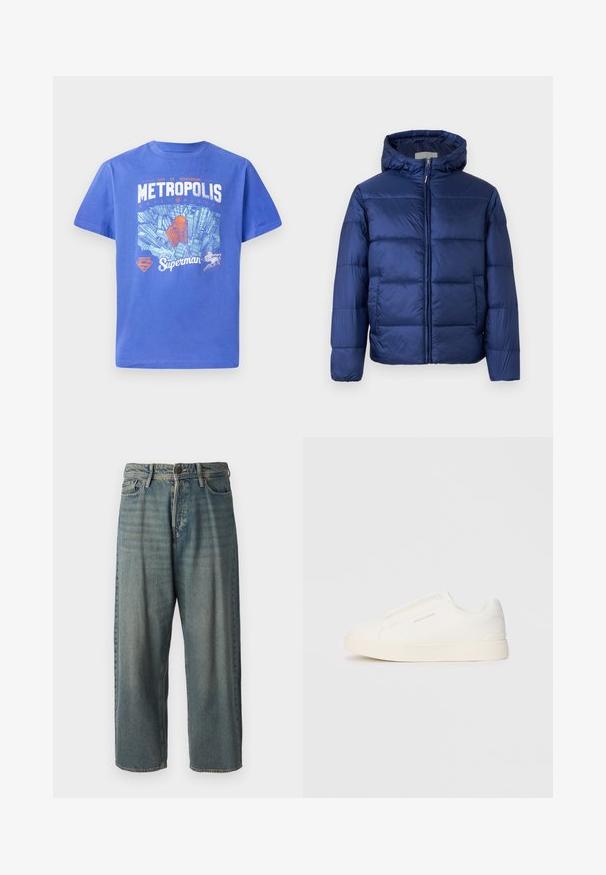 Tummansininen puhvijakku hupulla, jossa on tikatut osiot, etuvetoketju ja elastiset hihansuut lämmön ja mukavuuden takaamiseksi.; Sininen puuvillapaita lyhyillä hihoilla. Sisältää grafiikan Metropoliin horisontista sekä Supermanin logon valkoisena ja oranssina. Pyöreä pääntie.; Vaaleansiniset farkut, joissa on väljä istuvuus, keskikorkea vyötärö ja suorat lahkeet. Ominaisuuksiin kuuluvat viisi taskua, vyölenkit ja nappisulku.; Valkoiset liukusukat, joissa on teksturoitu pinta, paksu pohja ja minimalistikot. Sivulla on brändin logo.