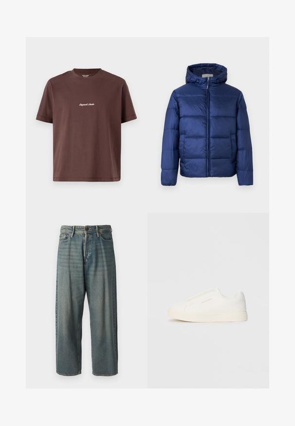 Námorně modrá péřová bunda s kapucí, s prošívanými sekcemi, předním zipem a elastickými manžetami pro teplo a komfort.; Hnědý bavlněný tričko s kulatým výstřihem. Má krátké rukávy a uprostřed je vyšitý text "Original Studio" v bílé barvě.; Světle modré denimové džíny s volným střihem, středně vysokým pasem a rovnými nohavicemi. Obsahují pět kapes, poutka na opasek a zapínání na knoflík.; Bílé slip-on tenisky s texturovaným povrchem, silnou podešví a minimalistickým designem. Na boku je umístěno logo značky.