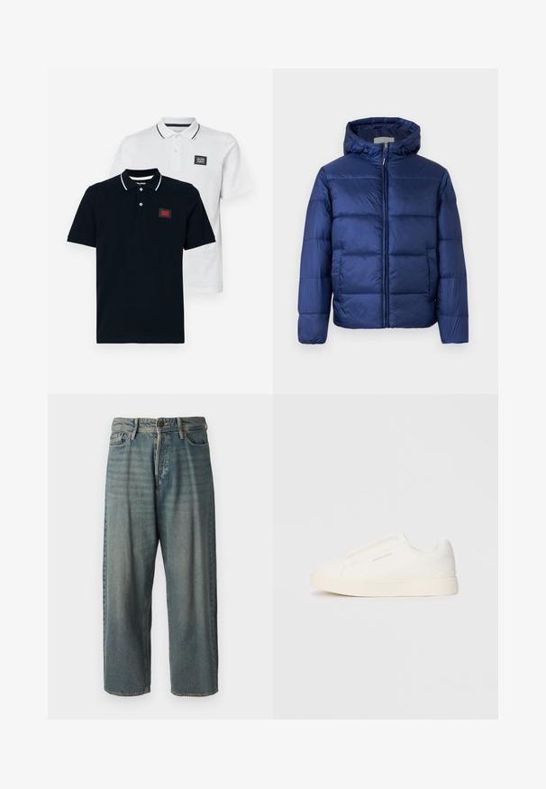 Tumši zila pūkainā jaka ar kapuci, ar quilted daļām, priekšējo rāvējslēdzēju un elastīgām piedurknēm siltumam un komfortam.; Divi polo krekli tumši zili un balti, ar īsām piedurknēm, klasisku apkakli un kontrastējošām svītrām apkaklē.; Gaiši zili džinsi ar brīvu piegriezumu, vidējo jostas augstumu un taisnām kājām. Satur piecas kabatas, jostas cilpas un pogu aizdari.; Baltas slip-on sporta apavi ar teksturētu virsmu, biezu zoli un minimālistisku dizainu. Sānos redzams zīmola logotips.