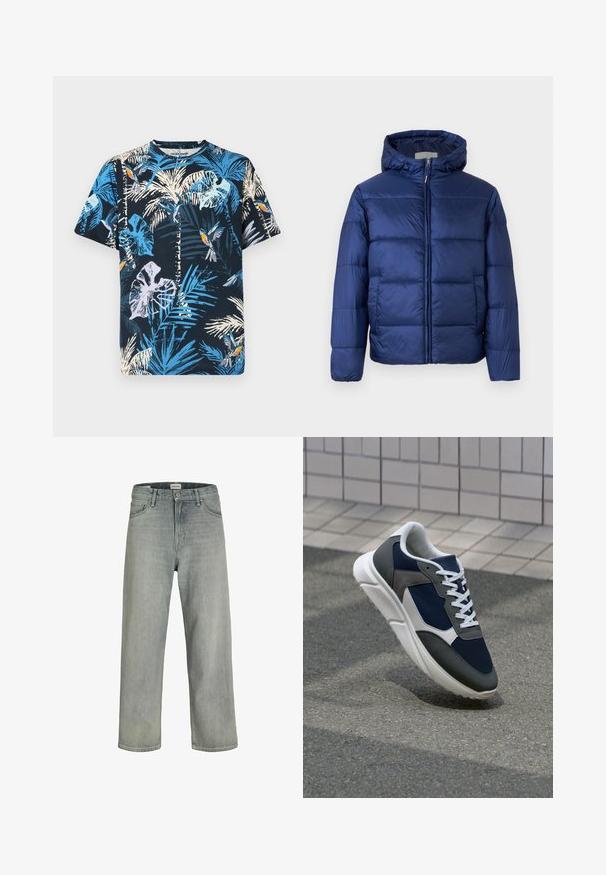 Marineblå puffjakke med hette, som har quiltede seksjoner, frontglidelås og elastiske mansjetter for varme og komfort.; Kortermet bomull T-skjorte med marineblå bakgrunn og lyseblå og hvite palmeblad- og fuglemønstre. Rund hals med avslappet passform.; Lys grå, løstsittende jeans laget av denim. Har en klassisk fem-lomme-design, beltehemper og en rett ben-silhuett.; Sneakers med en navy blå mesh-overdel, grå sømværk, hvit gummisåle og flate hvite snører, designet for komfort og pusteevne.
