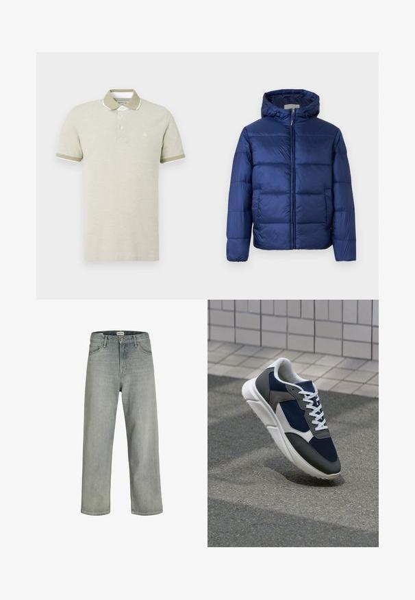 Marineblå puffjakke med hette, som har quiltede seksjoner, frontglidelås og elastiske mansjetter for varme og komfort.; Lys beige polo-shirt laget av bomull. Har en krage-nakke, placket med tre knapper, og kontrasterende grønne ermer med hvite detaljer.; Lys grå, løstsittende jeans laget av denim. Har en klassisk fem-lomme-design, beltehemper og en rett ben-silhuett.; Sneakers med en navy blå mesh-overdel, grå sømværk, hvit gummisåle og flate hvite snører, designet for komfort og pusteevne.