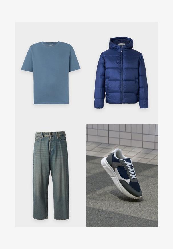Tamsiai mėlynas pūkinis švarkas su kapišonu, turintis siuvinėtas dalis, priekinius zip užtrauktuką ir elastines rankoves šilumai ir komfortui.; Apvalaus kaklo trumpomis rankovėmis marškinėliai iš minkštos mėlynos medvilnės. Pasižymi laisvu siluetu ir siūlėmis apdirbtais kraštais. Be raštų ar papildomų akcentų.; Šviesiai mėlyni džinsai su laisvu siluetu, vidutinio aukščio juosmeniu ir tiesiomis kojomis. Su penkiais kišenėmis, diržo kilpo ir mygtukų uždarymu.; Sportiniai bateliai su tamsiai mėlynu tinkliniu viršumi, pilkais zomšiniais akcentais, balta guma padanga ir plokščiomis baltomis raištelėmis, sukurti komfortui ir oro pralaidumui.