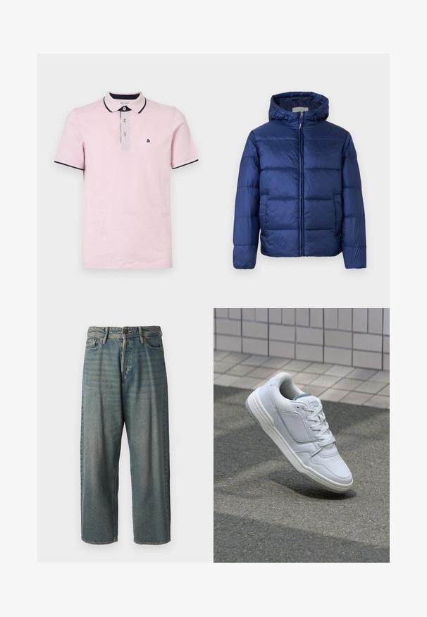 Marineblå puffjakke med hette, som har quiltede seksjoner, frontglidelås og elastiske mansjetter for varme og komfort.; Lyserød polo skjorte lavet af bomuld, med en tre-knaps lukning, dvs. krave og ærmer med navy kant, og et lille broderet logo.; Lyseblå denimjeans med løs passform, midjehøyde og rette ben. Har fem lommer, beltehemper og knappelukking.; Hvite lær sneakers med perforerte sider, teksturerte detaljer, flate lisser og en kontrasterende grå hæl. Har en lite hevet såle.