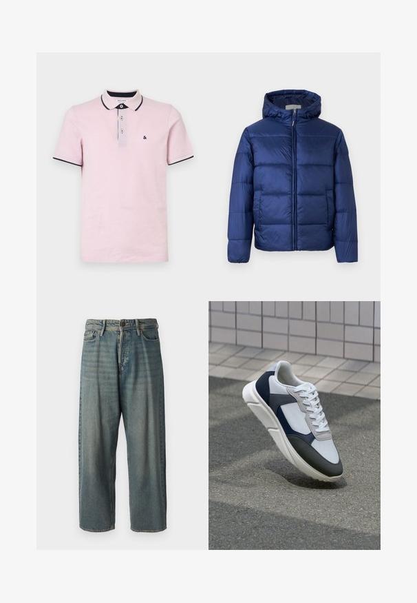 Granatowa kurtka puchowa z kapturem, z pikowanymi sekcjami, przednim zamkiem błyskawicznym i elastycznymi mankietami dla zapewnienia ciepła i komfortu.; Jasnoróżowa koszulka polo wykonana z bawełny, z trzema guzikami przy kołnierzyku, z granatowymi wykończeniami kołnierza i rękawów oraz małym haftowanym logo.; Jasnoniebieskie dżinsy o luźnym kroju, średnim stanie i prostych nogawkach. Posiadają pięć kieszeni, szlufki na pasek oraz zapięcie na guzik.; Białe, granatowe i szare sneakersy o mieszanej konstrukcji, z teksturowanym wierzchem, płaskimi sznurowadłami i amortyzowaną podeszwą.