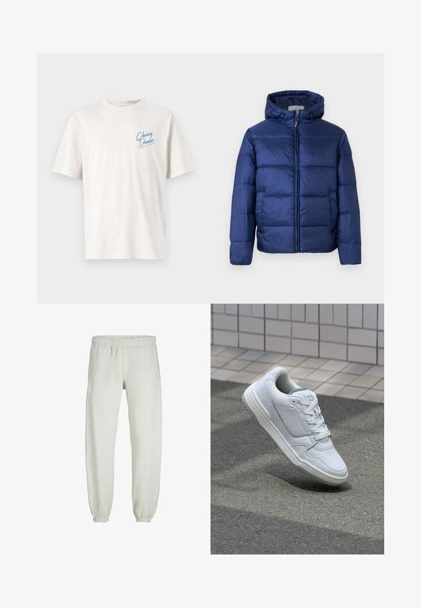 Tamsiai mėlynas pūkinis švarkas su kapišonu, turintis siuvinėtas dalis, priekinius zip užtrauktuką ir elastines rankoves šilumai ir komfortui.; Šviesiai kreminės spalvos medvilnės marškinėliai, su trumpomis rankovėmis ir apvaliu kaklu. Kairėje krūtinės pusėje mėlynai užrašyta "Purskime svajones".; Baltos sportinės kelnės, pagamintos iš minkštos medžiagos, su elastinga juosmeniu ir rankogaliais, turinčios lygią tekstūrą ir laisvą siluetą.; Baltos odinės sportinės bateliai su perforuotais šonais, tekstūruotais akcentais, plokščiomis raištelėmis ir kontrastingu pilku kulnu. Yra šiek tiek pakelti padas.