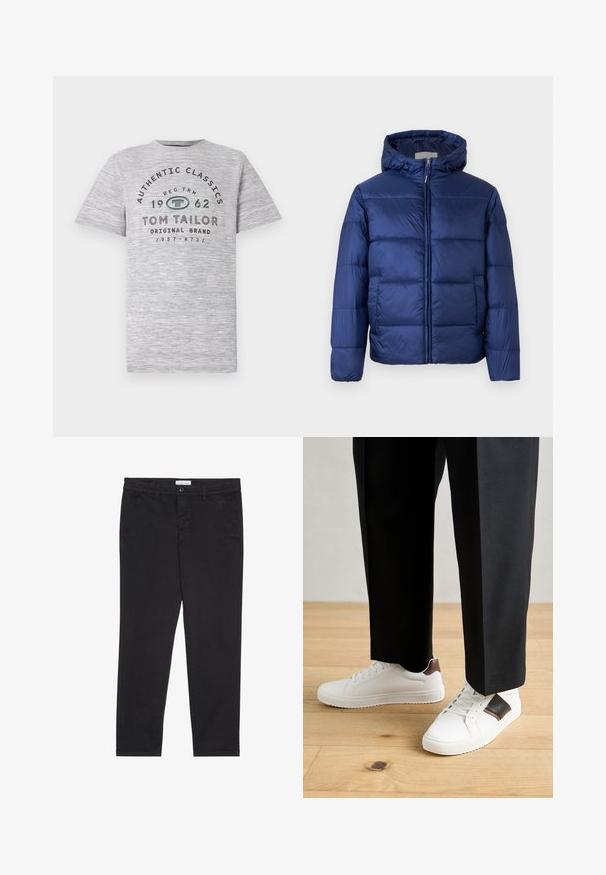 Tumši zila pūkainā jaka ar kapuci, ar quilted daļām, priekšējo rāvējslēdzēju un elastīgām piedurknēm siltumam un komfortam.; Pelēka heather īsām piedurknēm T-kreklu ar uzrakstiem "Authentic Classics 1962" un "Tom Tailor", kas drukāti kontrastējošā tumši zaļā un melnā krāsā.; Melni kokvilnas bikses ar šauru piegriezumu, kurām ir divas sānu kabatas un priekšējā pogu aizdare. Tekstūrēta auduma ar smalku detalizāciju.; Baltā pārsoļa apavi ar gludu tekstūru, papildināti ar brūniem ādas akcentiem un melniem elementiem, savienoti ar melnām pielāgotām biksēm. Koka grīdas fons.