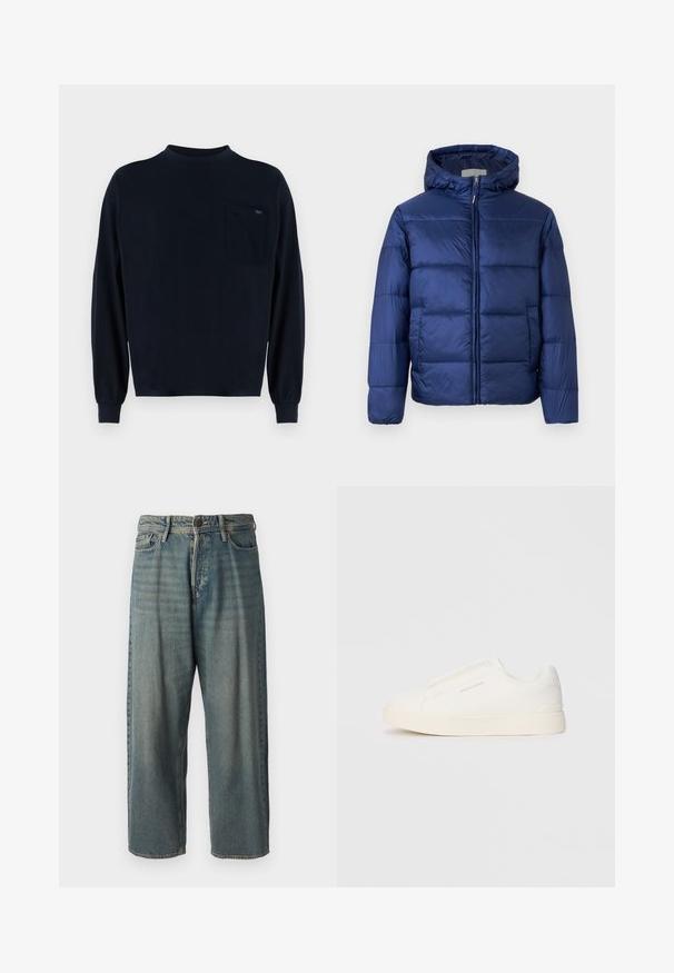 Ναυτικό μπλε φουσκωτό μπουφάν με κουκούλα, που διαθέτει γεμιστές περιοχές, μπροστινό φερμουάρ και ελαστικούς καρπούς για ζεστασιά και άνεση.; Ναυτικό μακρυμάνικο μπλουζάκι από μαλακό βαμβάκι. Διαθέτει στρογγυλή λαιμόκοψη και τσέπη στο αριστερό στήθος με ετικέτα. Ελαστικοί καρποί και άνετη εφαρμογή.; Ανοιχτό μπλε τζιν παντελόνι με χαλαρή γραμμή, μέση μέσου ύψους και ευθείες γραμμές. Περιλαμβάνει πέντε τσέπες, θηλιές ζώνης και κούμπωμα με κουμπί.; Λευκά slip-on παπούτσια με υφή, παχύ πάτο και μινιμαλιστικό σχέδιο. Φέρει το λογότυπο της μάρκας στο πλάι.