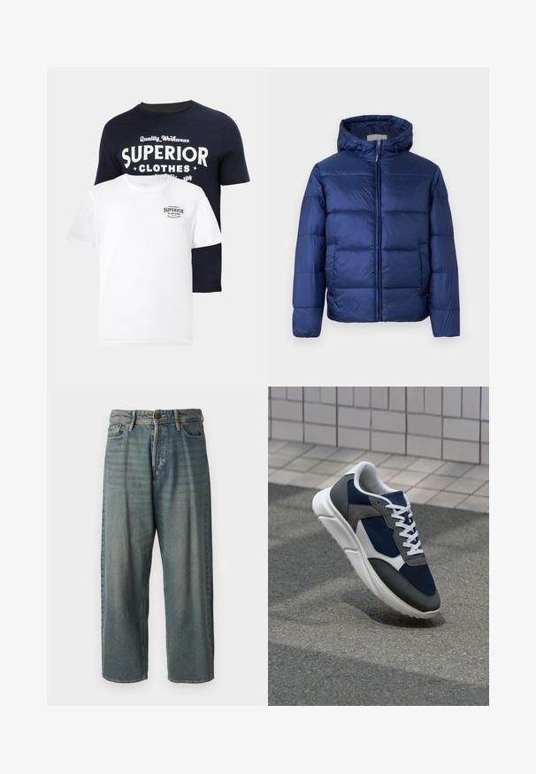 Navy blue puffer jacket with a hood, featuring quilted sections, a front zipper, and elastic cuffs for warmth and comfort.; Two t-shirts: one navy blue with white graphic text "SUPERIOR CLOTHES," and one white with a smaller navy logo. Both are cotton, crew-neck.; Light blue denim jeans with a loose fit, mid-rise waist, and straight legs. Features five pockets, belt loops, and a button closure.; Sneaker featuring a navy blue mesh upper, gray suede accents, white rubber sole, and flat white laces, designed for comfort and breathability.
