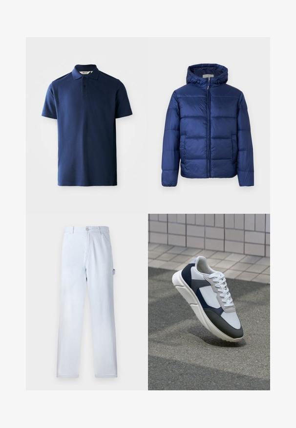 Sötétkék puffos dzseki kapucnival, steppelt részekkel, elülső cipzárral és elasztikus mandzsettákkal a melegség és kényelem érdekében.; Sötétkék polo ing, amely pamutból készült, klasszikus gallérral, két gombos nyakrésszel, rövid ujjakkal és diszkrét hímzett logóval rendelkezik.; Világoskék csíkozott nadrág, pamutból készült. Egyenes szárú fazon, elülső gombos záródással és oldalsó zsebekkel. Puha tapintású.; Fehér, tengerészkék és szürke sneaker vegyes anyagokból készült dizájnnal, amely textúrázott felsőrésszel, lapos fűzőkkel és párnázott talppal rendelkezik.