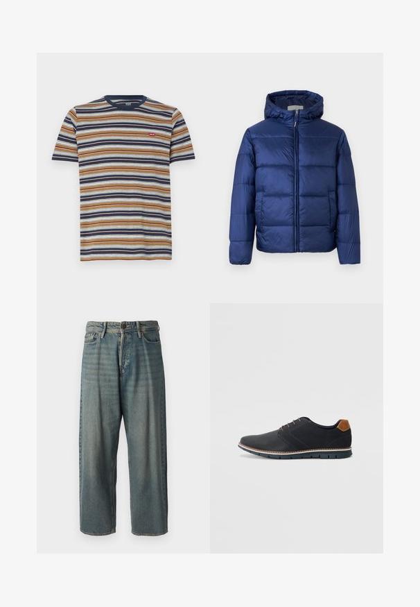 Marineblå puffjakke med hette, som har quiltede seksjoner, frontglidelås og elastiske mansjetter for varme og komfort.; Stripet t-skjorte med korte ermer, med horisontale striper i brunt, marineblått, hvitt og blått; laget av bomull, rund halslinning, liten logo på brystet.; Lyseblå denimjeans med løs passform, midjehøyde og rette ben. Har fem lommer, beltehemper og knappelukking.; Sorte syntetiske sko med en teksturert overdel, glatte detaljer, brun hæl og en kontrastfarge på sålen. Har minimalt snøring og sømdetaljer.