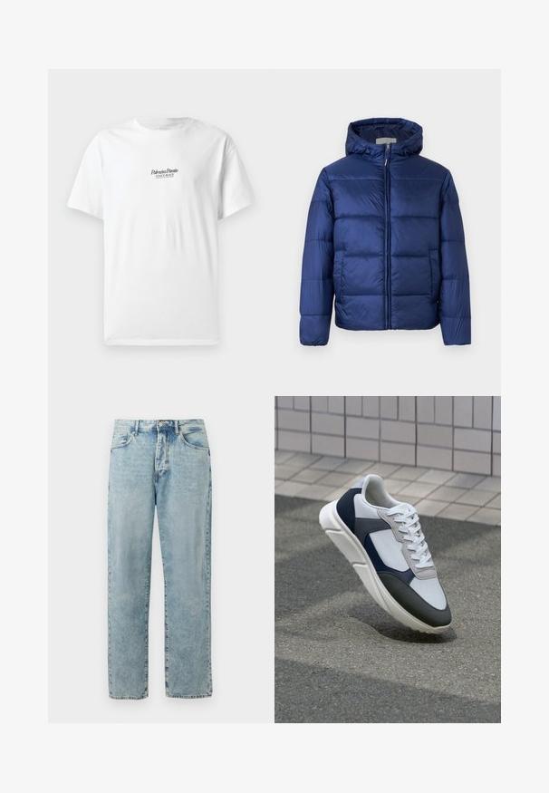 Tamsiai mėlynas pūkinis švarkas su kapišonu, turintis siuvinėtas dalis, priekinius zip užtrauktuką ir elastines rankoves šilumai ir komfortui.; Balta medvilnė marškinėliai trumpomis rankovėmis, su juodu šriftu ant priekio tekstu "Palmiera Pantó" ir "VENICE BEACH".; Šviesiai mėlyni tiesūs džinsai su mygtuku ir užtrauktuku, priekinės kišenės ir subtilus spalvų išblukimas.; Baltos, tamsiai mėlynos ir pilkos sportbačiai su mišriomis medžiagomis, turintys tekstūruotą viršutinę dalį, plokščius raištelius ir paminkštintą pado dalį.