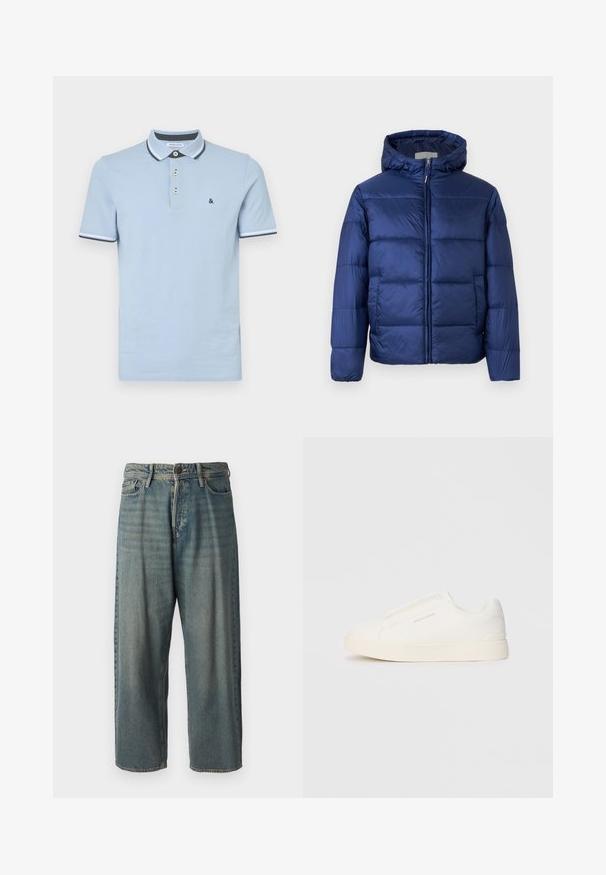 Marineblå puffjakke med hætte, der har quiltede sektioner, en frontlynlås og elastiske manchetter for varme og komfort.; Lyseblå polo skjorte lavet af bomuld, med en tre-knaps placket, kontrastfarvet krave og ribbede manchetter med mørkeblå accenter.; Lyseblå denim jeans med løs pasform, mellemhøj talje og lige ben. Har fem lommer, bæltestropper og en knappelukning.; Hvide slip-on sneakers med en struktureret overflade, en tyk sål og et minimalistisk design. Har brandlogoet på siden.