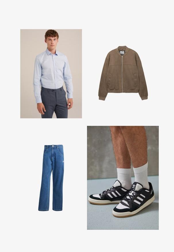 Barna suéd bomber dzseki, elől cipzárral, bordázott alsó szegéllyel és mandzsettákkal, két oldalzsebbel és finom hímezéssel a mellrészen.; Világoskék, sima pamutból készült, hosszúujjú ing, hegyes gallérral, sötétszürke, szabott nadrággal párosítva.; Kék, magas derekú, bő szárú farmernadrág elülső zsebekkel, övhurkokkal, gombos záródással és kicsi Adidas logóval a jobb combon.; Fekete-fehér tornacipők velúr és bőr felsőrésszel, három fehér csíkkal, perforált orral és gumi talppal.