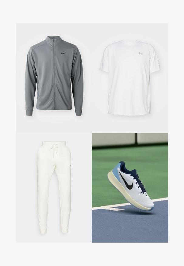 Sivá bunda na zips s polovičným golierom, vyrobená z hladkej, ľahkej látky. Obsahuje čierne logo Nike na ľavej strane hrude a dlhé rukávy.; Biele atletické tričko s krátkym rukávom vyrobené z hladkej tkaniny. Má okrúhly výstrih a šedé logo na ľavej hrudi, so štrbinami po stranách na leme.; Biele bavlnené joggingové nohavice s elastickým pásom, detailom na šnúrku, bočnými vreckami a priliehajúcimi manžetami. Nenápadné logo na boku.; Biele športové topánky s námorníckymi akcentmi, priedušným zvrškom, textúrovanou podrážkou a svetlomodrým opätkom, s elegantným a moderným dizajnom.