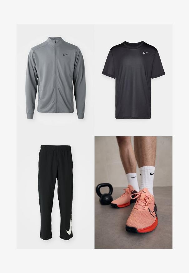 Pelēks uztinams džemperis ar augsto apkakli, izgatavots no gludas, vieglas auduma. Tam ir melns Nike logotips kreisajā krūtī un garas piedurknes.; Melna sporta t-krekls ar īsām piedurknēm, apaļu kakla izgriezumu, izgatavots no gludas auduma. Uz kreisās puses augšējā daļā ir neliels balts Nike logotips.; Melni sporta bikses ar elastīgu jostasvīru, ar sašaurinātu dizainu, kurām uz kreisā kājas gabala ir liels balts Nike logo. Mīksts, viegls audums.; Nike sporta apavi rozā kokvilnā ar melniem akcentiem. Iezīmētas ar biezām auklām, mīkstu mēli un teksturētu zoli. Baltas zeķes ar logo. Blakus ir melns kettlebells.