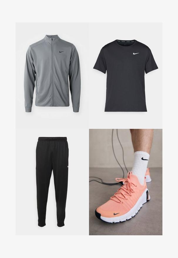 Jachetă gri cu fermoar, cu guler fals, confecționată dintr-un material neted și ușor. Prezintă logo-ul negru Nike pe partea stângă a pieptului și mâneci lungi.; Tricou de alergare Nike negru, fabricat dintr-un material ușor și respirabil, cu mâneci scurte și un mic logo alb pe piept.; Pantaloni sportivi negri dintr-o țesătură netedă, cu un elastic la brâu, picioare conice și un mic logo alb pe partea stângă.; Adidașii Nike au un superior din plasă ușoară, de culoare piersiciu, o talpă albă cu accente negre și șireturi roz. Designul este minimal.