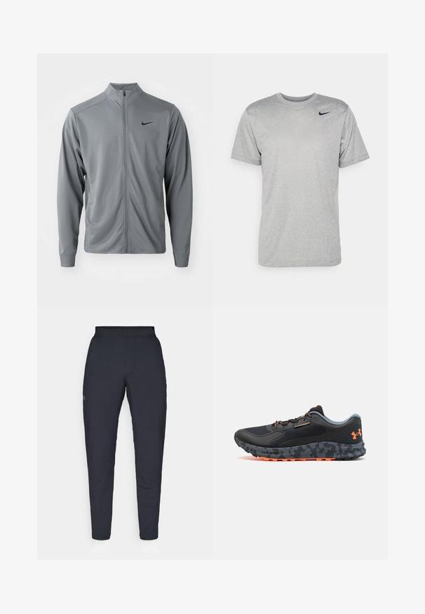 Casaco cinza com fecho éclair e gola alta, feito de um tecido liso e leve. Apresenta o logotipo preto da Nike no lado esquerdo do peito e mangas longas.; T-shirt cinza de manga curta feito de tecido suave, apresentando um logo preto da Nike no ombro esquerdo e um decote redondo clássico.; Calças de desporto negras com uma textura suave, corte justo, cintura elástica e bolsos laterais. Apresenta um pequeno logótipo na coxa esquerda.; Sapatilha desportiva preta com parte superior texturizada, detalhes em cinza, apontamentos em laranja, sola com padrão de camuflagem e sistema de atilhos para um ajuste seguro.