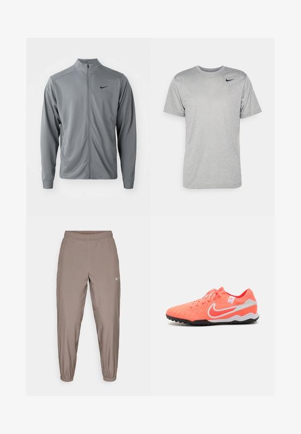 Hallidehalli hallukas jakk, millel on kõrge krae, tehtud siledast ja kerge kangast. Ees on must Nike'i logo vasakul rinnaosal ning pikad varrukad.; Hall hall, lühikeste varrukatega t-särk, mis on valmistatud siledast kangast. Vasakul õlal on must Nike'i logo ja klassikaline ümar krae.; Nike spordipüksid heledas pruunis värvitoonis, elastse paelaga vööl, kitsenevate jalgade ja küljetaskutega. Sujuv ja kerge kangas.; Nike jalgpallijalatsid, eredalt roosad valgete aktsentidega, tekstureeritud pealis, tavapärane nöörimine ja must kummist välistald haardeks.