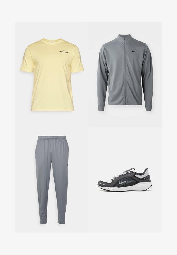 Šedá zipová bunda s krátkým stojáčkem, vyrobená z hladké, lehké látky. Obsahuje černé logo Nike na levé části hrudi a dlouhé rukávy.; Světle žluté bavlněné tričko s krátkým rukávem, kulatým výstřihem a malým černým logem na hrudi. Měkká textura a volný střih.; Šedé sportovní kalhoty vyrobené z lehkého materiálu, s elastickým pasem, tapered nohavicemi a malým logem na boku.; Černá a šedá sportovní obuv s vrškem z prodyšné síťoviny, reflexními akcenty a bílou mezipodešví. Obsahuje texturovanou gumovou podrážku a tkaničky.