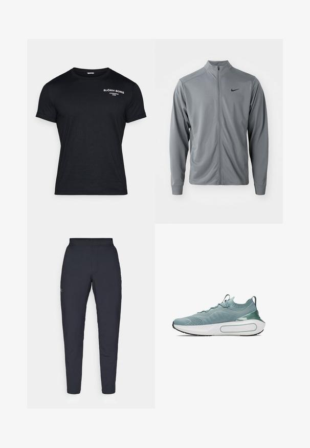 Siva zip-up jakna z visokim ovratnikom, izdelana iz gladkega, lahkega materiala. Ima črni Nike logotip na levi prsni strani in dolge rokave.; Črna bombažna majica s kratkimi rokavi, okroglo izrezana in z belim logotipom "BJÖRN BORG STOCKHOLM 1956" na zgornji levi strani.; Črne atletske hlače z gladko teksturo, ožjega kroja, elastičnim pasom in stranskimi žepi. Imajo majhen logotip na levem stegnu.; Svetlo modra športna teniska obutev z pletenim zgornjim delom, teksturiranimi vzorci, elastičnimi vezalkami in belimi srednjimi podplati z zelenim poudarkom na peti.