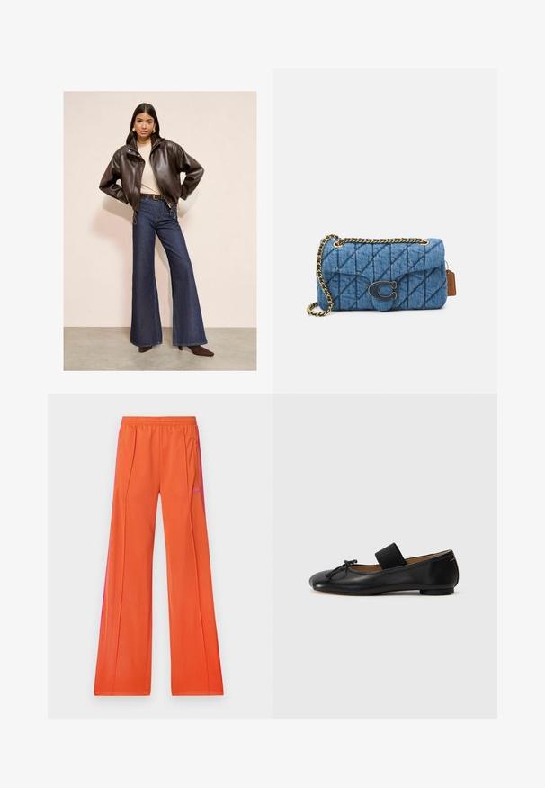 Bruine leren bomberjack, beige top, high-waisted flared denim jeans en bruine puntige hakken tegen een neutrale achtergrond.; Blauw en witte verticaal gestreepte langemouwen overhemd met knoopsluiting, puntige kraag en één borstzak.; adidas Originals FIREBIRD - Trainingsbroek - orange/semi lucid fuchsia; Zwarte leren balletschoenen met een ronde neus, een klein knoopdetail en een elastische band over de wreef voor een stevige pasvorm. Platte zool.; Blauwe gewatteerde denim schoudertas met een gouden kettingstrap en een opvallend gouden logo accent op de voorkant. Compact rechthoekig van vorm.