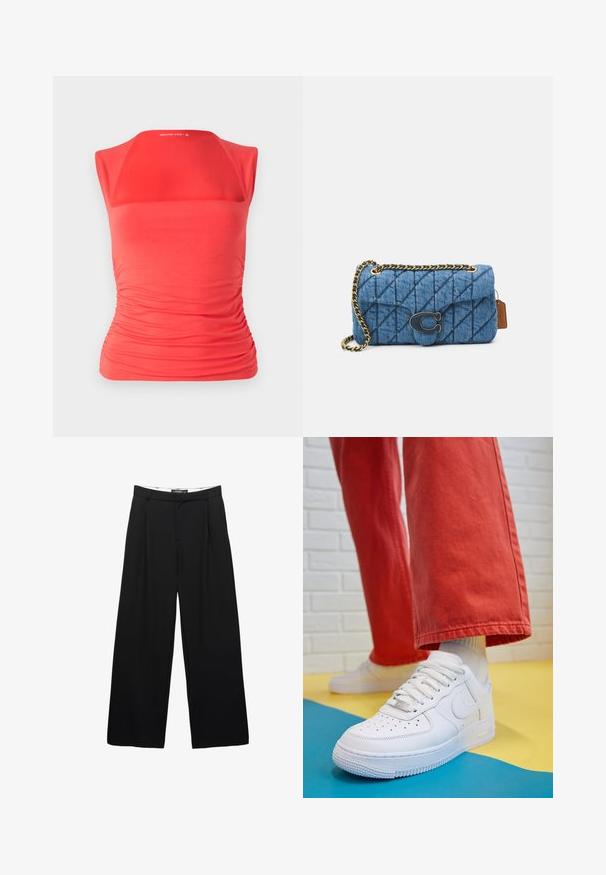 Giacca bomber in pelle marrone, top beige, jeans in denim a vita alta e a forma svasata, e tacchi a punta marroni su uno sfondo neutro.; Top rosso senza maniche con scollatura quadrata, texture arricciata lungo i lati, realizzato in tessuto elasticizzato per una silhouette aderente.; Camicia a maniche lunghe a righe verticali blu e bianche, con colletto a punta e una tasca sul petto.; Pantaloni neri a gamba larga realizzati in tessuto liscio. Presentano pieghe frontali, una vita con passanti per la cintura e una silhouette sartoriale.; Sneaker bianco in pelle con punta perforata, suola testurizzata e lacci bianchi, abbinati a pantaloni rossi larghi e uno sfondo blu e giallo.; Borsa a spalla in denim trapuntato blu con tracolla in catena dorata e un accentuato logo dorato sul davanti. Forma rettangolare compatta.