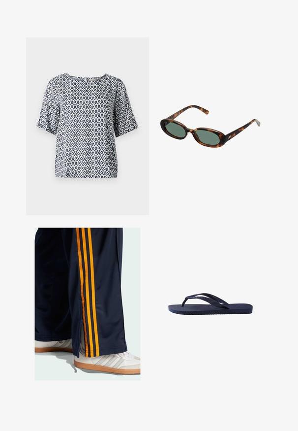 Bruine leren bomberjack, beige top, high-waisted flared denim jeans en bruine puntige hakken tegen een neutrale achtergrond.; Navy en witte gestreepte top met korte mouwen en een ronde halslijn, versierd met geometrische motieven. Gemaakt van lichtgewicht materiaal met een ontspannen pasvorm.; Marineblauwe sportbroek met oranje zijstrepen, ritssluiting aan de onderkant en een gladde textuur. Draagt met witte sneakers met grijze accenten.; Navyblauwe flip-flops met een textuur op de rubberen banden en zool, met een golvend patroon op de banden en een vlakke, gegroefde zool.; schildpadbril met ovale monturen en groene lenzen. Heeft dunne spijlen met een metalen accent nabij de scharnieren.; Blauwe gewatteerde denim schoudertas met een gouden kettingstrap en een opvallend gouden logo accent op de voorkant. Compact rechthoekig van vorm.; Zilveren metalen oorbellen met een golvend, sculpturaal ontwerp, voorzien van een gepolijste afwerking en onregelmatige vormen, die een hedendaagse esthetiek benadrukken.