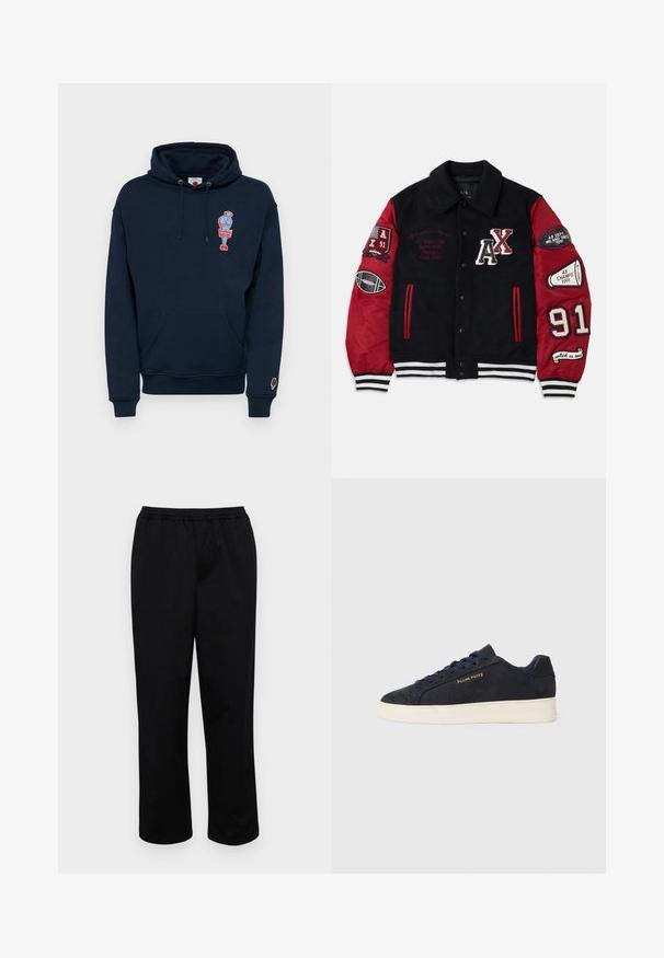 Black wool and red nylon varsity jacket featuring embroidered patches, striped cuffs, snap buttons, and the number “91” on the sleeve.; Navy blue hoodie made of cotton blend, featuring a front kangaroo pocket and a colorful ice cream graphic on the chest.; Black, mid-length trousers with an elastic waistband. Made of smooth fabric, featuring a relaxed fit and no visible pockets or embellishments.; Navy blue suede low-top sneaker with white sole, navy laces, and "Filling Pieces" logo in gold on the side.