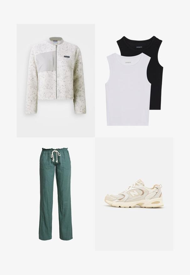 Witte fleece jacket met een gladde grijze paneel aan de linkerzijde, ritsluiting en geribbelde kraag. Gestructureerd oppervlak met subtiele spikkels.; Twee mouwloze tops in zwart en wit, gemaakt van geribbelde katoen, met ronde halslijnen en een getailleerd ontwerp. Labels zichtbaar op beide.; Lichte, groene linnen broek met een ontspannen pasvorm, elastische tailleband en een koord, voorzien van twee zijzakken.; Beige sport schoenen met gaas- en synthetische overlays, voorzien van een textuur, een gevoerde kraag en "ABZORB" demping bij de hiel.