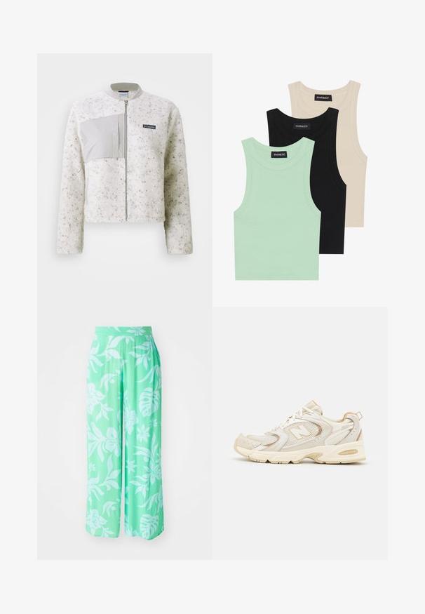Bela flis jakna z gladkim sivo panelom na levi, zadrgo in rebrasto ovratnico. Teksturno površje z diskretnimi pikami.; Tri tanke s kratkimi rokavi v mint zeleni, črni in bež barvi; narejene iz rebrastih tkanin z okroglim izrezom in brez rokavov. Vidna oznaka blagovne znamke.; Svetlozeleni široki hlače z belim cvetličnim vzorcem. Narejene iz teksturiranega materiala, z elastiko v pasu in ohlapnim krojem.; Bež športni čevlji z mrežasto in sintetično oblogo, ki imajo teksturirano površino, podložen ovratnik in 'ABZORB' blaženje v peti.