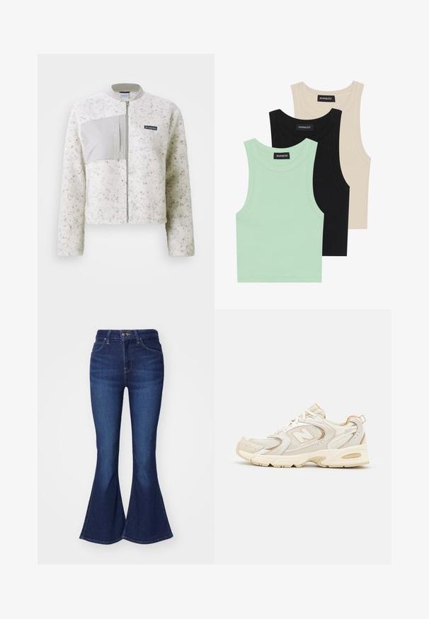 White fleece jacket with a smooth grey panel on the left, zip closure, and ribbed collar. Textured surface with subtle speckles.; Three tank tops in mint green, black, and beige; made of ribbed fabric with a round neckline and no sleeves. Brand label visible.; Dark blue flared jeans made of denim, featuring a high waist, five pockets, and a button closure, with a slight fade in color on the thighs.; Beige athletic shoes with mesh and synthetic overlays, featuring a textured surface, padded collar, and "ABZORB" cushioning at the heel.