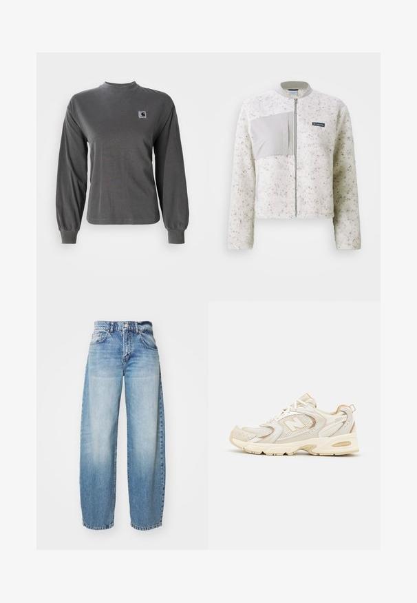 White fleece jacket with a smooth grey panel on the left, zip closure, and ribbed collar. Textured surface with subtle speckles.; Long-sleeve gray t-shirt made of cotton, featuring a round neckline and elasticized cuffs, with a small square logo on the chest.; Light blue wide-leg jeans with a faded finish, five pockets, and a button fly. The fabric is denim, featuring classic stitching and a relaxed fit.; Beige athletic shoes with mesh and synthetic overlays, featuring a textured surface, padded collar, and "ABZORB" cushioning at the heel.