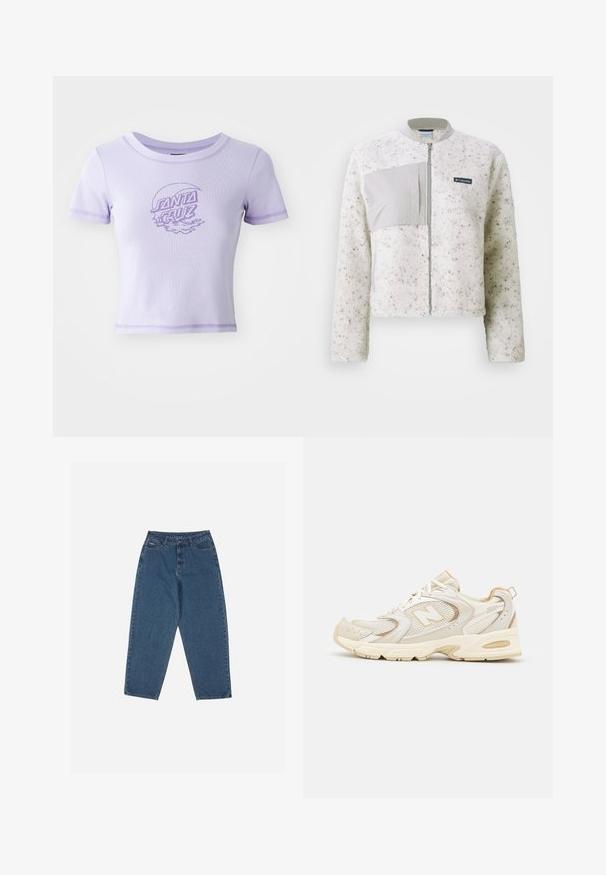 Fehér gyapjúdzseki sima szürke panelekkel bal oldalon, cipzáros záródás és bordázott gallér. Texturált felület diszkrét pöttyökkel.; Lila, testhez simuló, rövid ujjú póló, kerek nyakkal és kontrasztos varrással. Elől "SANTA CRUZ" grafikával rendelkezik.; Kék farmernadrág, laza szabással, magas derékkal, öt zsebes kialakítással és varrási díszítésekkel. Gombos és cipzáros záródással rendelkezik.; Beige sportcipők hálós és szintetikus burkolatokkal, texturált felülettel, párnázott bokarésszel és "ABZORB" párnázással a saroknál.