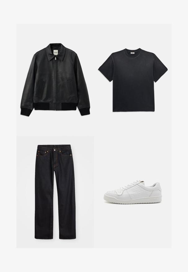 Čierna kožená bomber bunda s golierom, predným zipsom a dvoma bočnými vreckami. Má zbrúsené manžety a lem pre telesný strih.; Čierne bavlnené tričko s okrúhlym výstrihom a krátkymi rukávmi. Má voľný strih, hladkú textúru a minimalistický dizajn.; Pánske rovné čierne riflové nohavice s piatimi vreckami a oranžovým prešívaním, s gombíkom a zipsom na prednom páse.; Biele kožené tenisky s textúrovanou bočnou časťou a perforovanou špičkou, so plochými šnúrkami a zvýšenou gumovou podrážkou. Názov značky "SANDRO" vyrazený na päte.