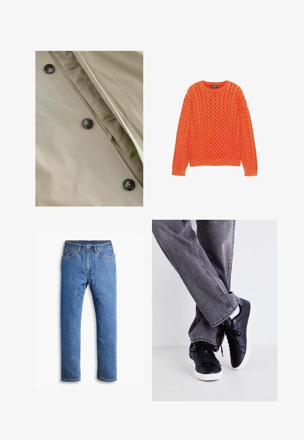 Khaki trenssitakki, jossa on sileä pinta, tummat napit ja huomaamaton ompelu yksityiskohta läpän ja kaulan ympärillä.; Oranssi neulepaita, jossa on teksturoitu palmikkokuvio, pyöreä kaula-aukko ja resorit hihoissa sekä helmassa. Valmistettu pehmeästä ja lämpimästä kankaasta.; Siniset farkut suoran leikkuun kanssa, joissa on viisi taskua, napin kiinnitys ja oranssit ompeleet puhtaalla valkoisella taustalla.; Mustat nahkakengät valkoisilla pohjilla ja nauhoilla, yhdistettyinä harmaisiin farkkuihin. Kengissä on sileä pinta ja minimalistinen muotoilu.