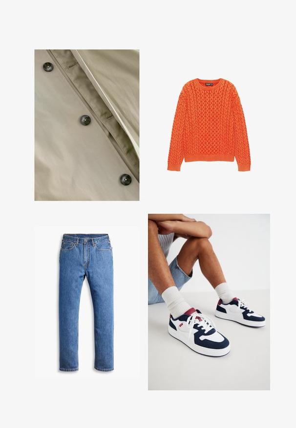 Khaki trenčkot s hladkým povrchem, zdobený tmavými knoflíky a jemným šitím podél zapínání a výstřihu.; Oranžový pletený svetr s texturovaným kabelovým vzorem, kulatým výstřihem a žebrovanými manžetami a lemem. Vyrobeno z měkké, teplé tkaniny.; Modré džínové kalhoty s rovný střih, oblíbené pět kapes, s knoflíkovým zapínáním a oranžovými švy, na čistě bílém pozadí.; Námořnické modré a bílé tenisky vyrobené z semiše a síťoviny, s červeným akcentem na patě a bílými tkaničkami, s texturovanou podrážkou.
