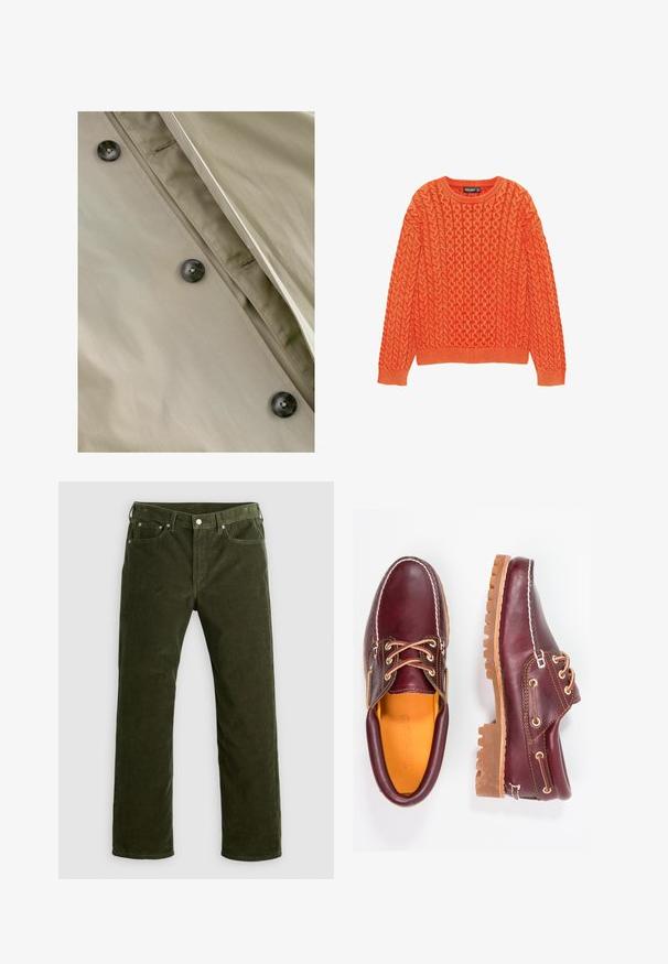 Bež trench kaput s glatkom teksturom, ukrašen tamnim gumbima i suptilnim šavovima duž plavca i izreza.; Narančasti pleteni pulover s teksturiranim uzorkom pletenice, okruglim izrezom i rebrastim manžetama i rubom. Izrađen od mekog, toplog materijala.; Maslinasto zelene korduroy hlače ravnog kroja s prednjim dugmetom, patent-zatvaračem, petljama za pojas i dizajnom s pet džepova na bijeloj pozadini.; Burgundske kožne cipele s smešnim gumenim potplatima, okruglim vrhom, bijelim šavovima i zlatnim rupama za vezivanje. Unutrašnjost ima žutu podstavu.