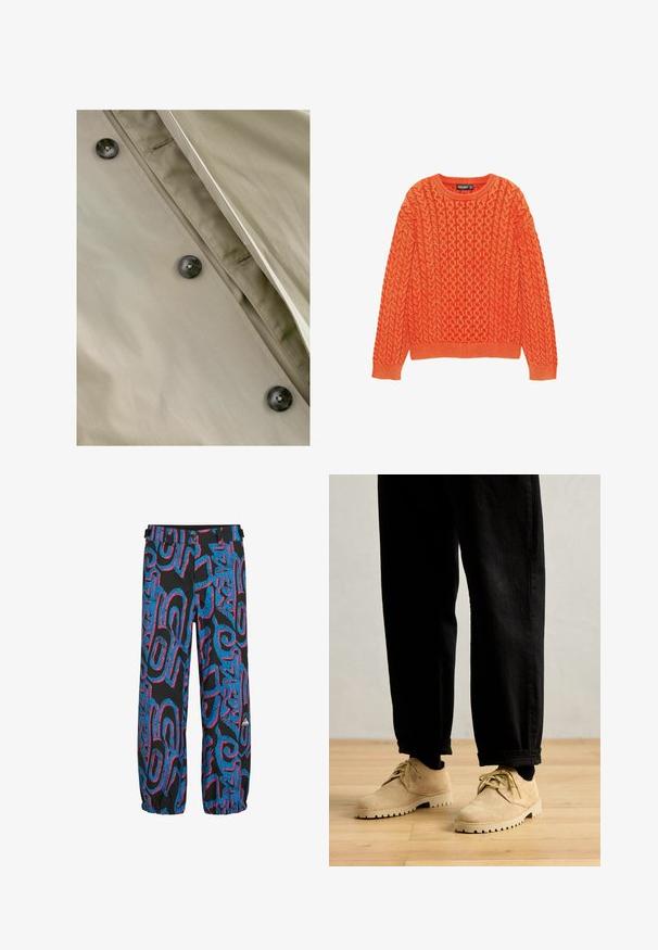 Khakifarbener Trenchcoat mit glatter Textur, ausgestattet mit dunklen Knöpfen und dezentem Stitching entlang der Knopfleiste und des Halsausschnitts.; Oranger gestrickter Pullover mit einem strukturierten Zopfmuster, runden Ausschnitt und gerippten Bündchen und Saum. Hergestellt aus weichem, warmem Stoff.; Schwarze Hose mit leuchtend blauen und pinken abstrakten Mustern. Verfügt über elastische Bündchen und einen Bund mit zwei verstellbaren Riemen und Knöpfen.; Clarks Originals DESERT ROCK LO - Sportlicher Schnürer - maple