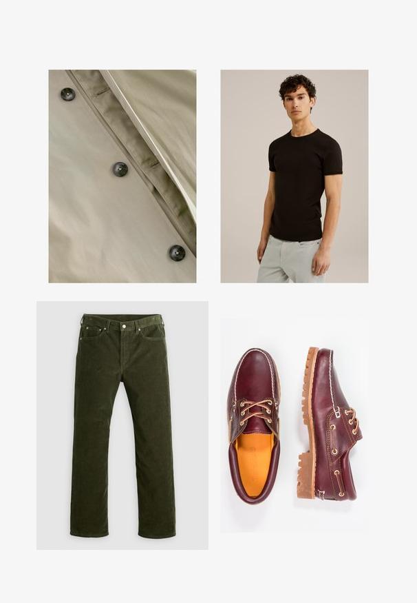 Khaaki trench coat silema tekstuuriga, tumedate nööpide ja peente tikanditega pihiku ning kaelaäärte mööda.; Must have lühikeste varrukatega must t-särk ümmarguse kaelusega, valmistatud sujuvast ja venivast kangast. Sobivus on kitsas, mõeldud keha lähedale istuma.; Tumeoliiviroheline šenillistest otsejalad, millel on ees nupp, tõmblukk, vööniidid ja viie tasku disain valgel taustal.; Burgundia nahkkingad pruunide kummitaldadega, ümmarguse varbaga, valge tikandi ja kuldsete silmadega. Siseosa on kollase voodriga.