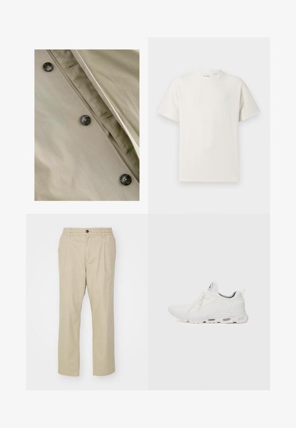Manteau trench beige avec une texture lisse, présentant des boutons noirs et des coutures discrètes le long de la patte de boutonnage et de l'encolure.; T-shirt blanc à manches courtes en texture côtelée. Encolure ronde, coupe décontractée, sans motifs ni accents visibles. Design simple et polyvalent.; Jack & Jones JPSTKARL JJLAWRENCE SOUTH - Pantalon classique - crockery; Baskets blanches de sport avec un dessus en maille texturée, des lacets plats et une semelle rembourrée avec des chambres à air visibles pour un soutien supplémentaire.