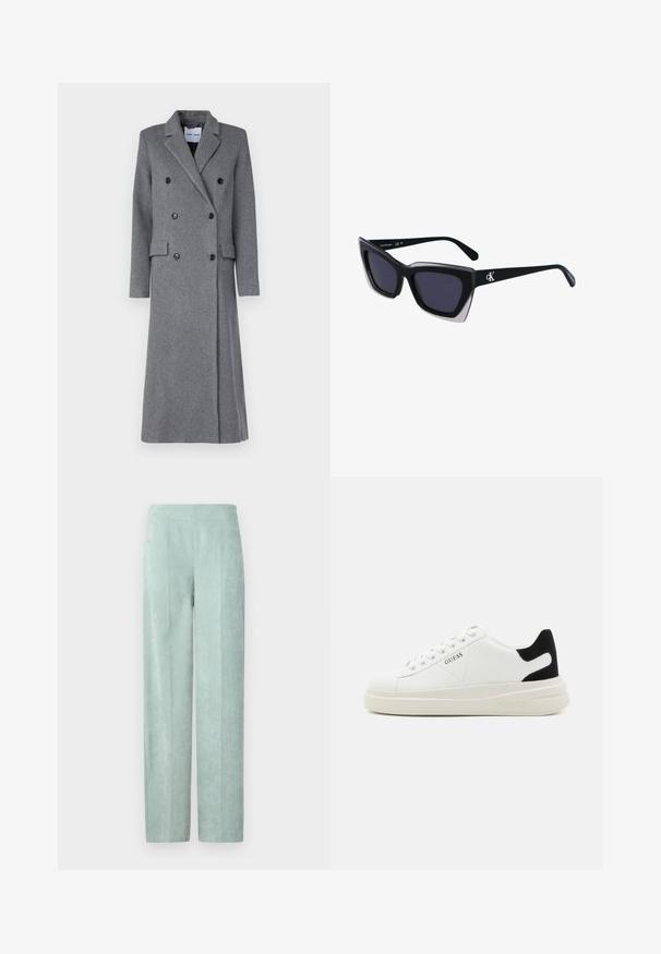 Sivý vlnený kabát s dvojradovým dizajnom, klopovými goliermi, tromi gombíkmi a dvoma bočnými vreckami. Má dlhý, prispôsobený siluetu.; Biela krátka tričko s krátkymi rukávmi vyrobené z rebrovanej látky. Klasický okrúhly výstrih, bežný strih a jemné švy. Bez vzorov alebo grafiky.; DRYKORN BEFORE - Nohavice - blue; Biele kožené tenisky s hrubou bielou podrážkou, čiernym zamekom na päte a vyrazeným logom na boku. Šnurovací dizajn so šiestimi očkami.; Čierne oversized slnečné okuliare s geometrickým tvarom, s tmavými šošovkami a kontrastným šedým detailom na ráme. Logo na mostíku.; Strieborné kruhové náušnice s hladkým a lesklým povrchom. Okrúhly tvar, ľahký dizajn, s uzáverom na kolík.
