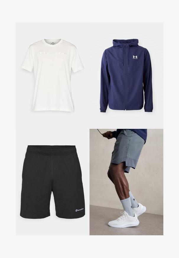 Navy blue lightweight jacket with a zip front, adjustable hood, elastic cuffs, and a white logo on the chest. Smooth, textured fabric.; White cotton t-shirt with short sleeves, featuring an embossed "Champion" logo across the chest, rounded neckline, and straight hem.; Black athletic shorts with an elastic waistband, made of soft fabric, featuring a small white logo on the lower left side.; White athletic shoes with textured mesh upper, paired with light blue ribbed socks featuring a logo. Grey athletic shorts with perforated trim.