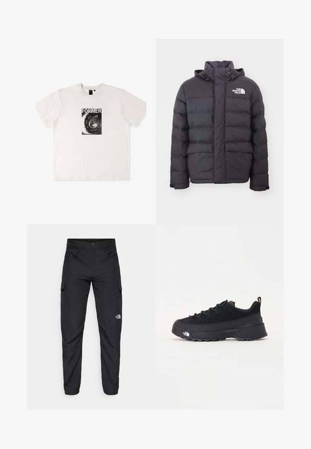 Sort polstret jakke med høj krave og justerbar hætte, med North Face-logo. To forlommer med en glat tekstur.; Hvid bomulds t-shirt med korte ærmer, der har et sort grafisk print med ordet "FORMER" og et spiraldesign på forsiden.; The North Face HORIZON PANT - Outdoorbukser - black; Sort udendørs sneakers med overdel i ruskind, tekstureret gummisål og robust snøringssystem. Har en forstærket hæl og logo fra mærket på siden.